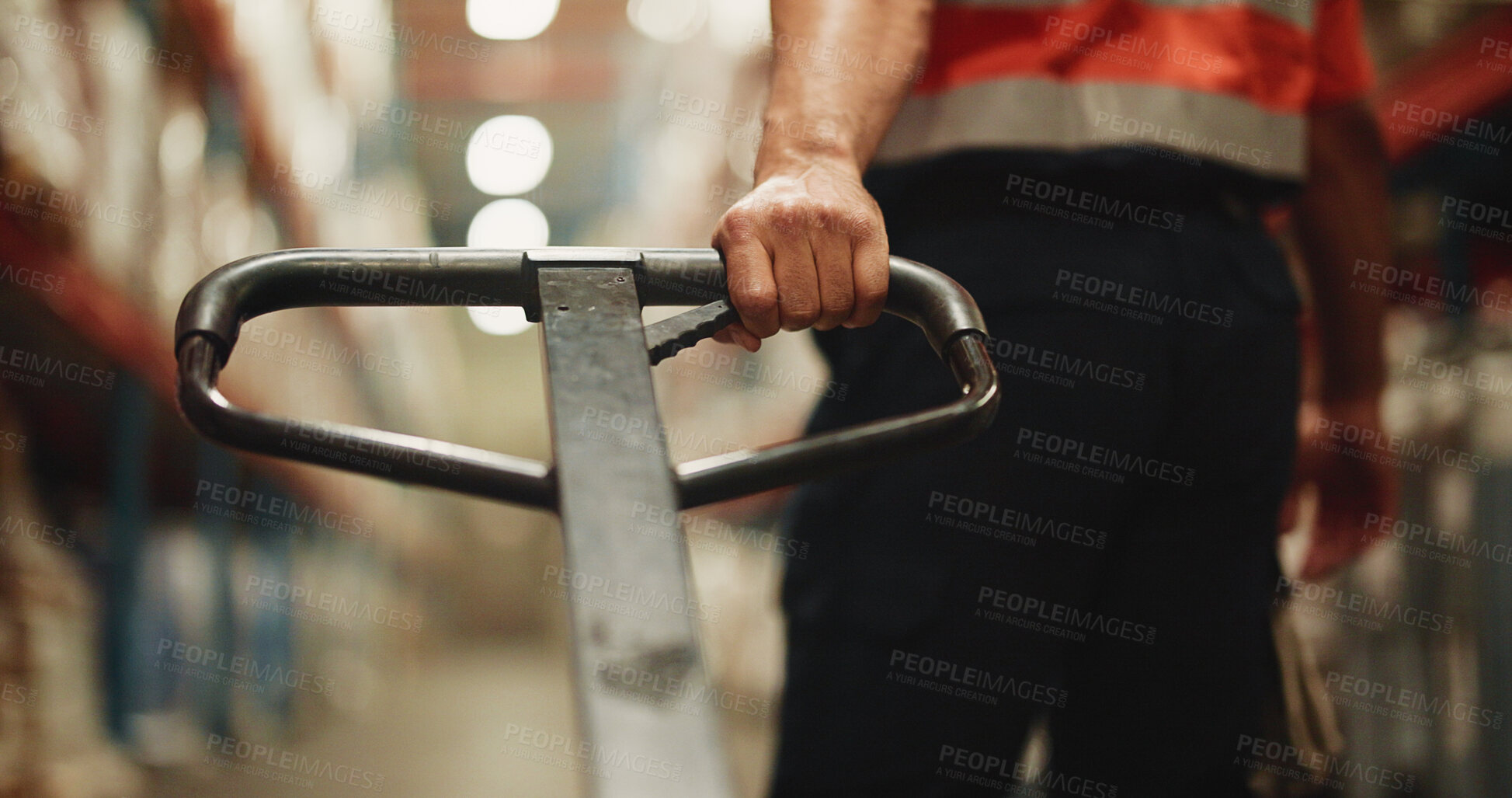 Buy stock photo Handle, trolley and hand of worker in warehouse for distribution, cargo or quality assurance. Logistics, freight and male supply chain manager with pallet jack for stock delivery in factory.