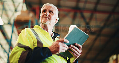 Buy stock photo Tablet, planning and mature man in warehouse with email for cargo information with supply chain. Digital technology, ideas and logistics manager with online inventory for stock delivery from below.