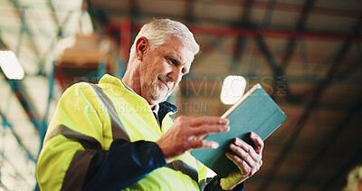 Buy stock photo Tablet, industry and mature man in warehouse with email for cargo information with supply chain. Digital technology, ideas and logistics manager with online inventory for stock delivery from below.