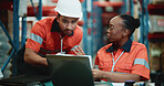 Logistics, laptop and team with people in warehouse for inspection checklist, cargo storage and freight. Supply chain inventory, distribution and online export report with employees in factory