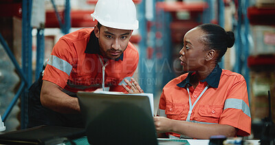 Buy stock photo Logistics, laptop and team with people in warehouse for inspection checklist, cargo storage and freight. Supply chain inventory, distribution and online export report with employees in factory