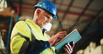 Buy stock photo Tablet, ecommerce and mature man in warehouse with email for cargo information with supply chain. Technology, industry and male logistics manager with online inventory for stock delivery from below.