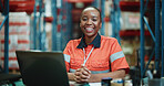 Laptop, cargo and portrait with black woman in warehouse for delivery procurement, floor supervisor and logistics. Distribution manager, online shipping checklist and export sourcing with person