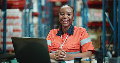 Buy stock photo Laptop, cargo and portrait with black woman in warehouse for delivery procurement, floor supervisor and logistics. Distribution manager, online shipping checklist and export sourcing with person