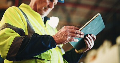 Buy stock photo Tablet, hands and mature man in warehouse with email for cargo information with supply chain. Digital technology, industry and logistics manager with online inventory for stock delivery from below.