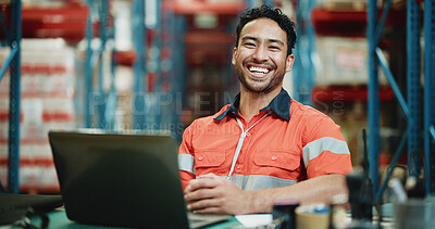 Buy stock photo Laptop, cargo and portrait with man in warehouse for delivery procurement, floor supervisor and logistics. Distribution manager, online shipping checklist and export sourcing with person in factory