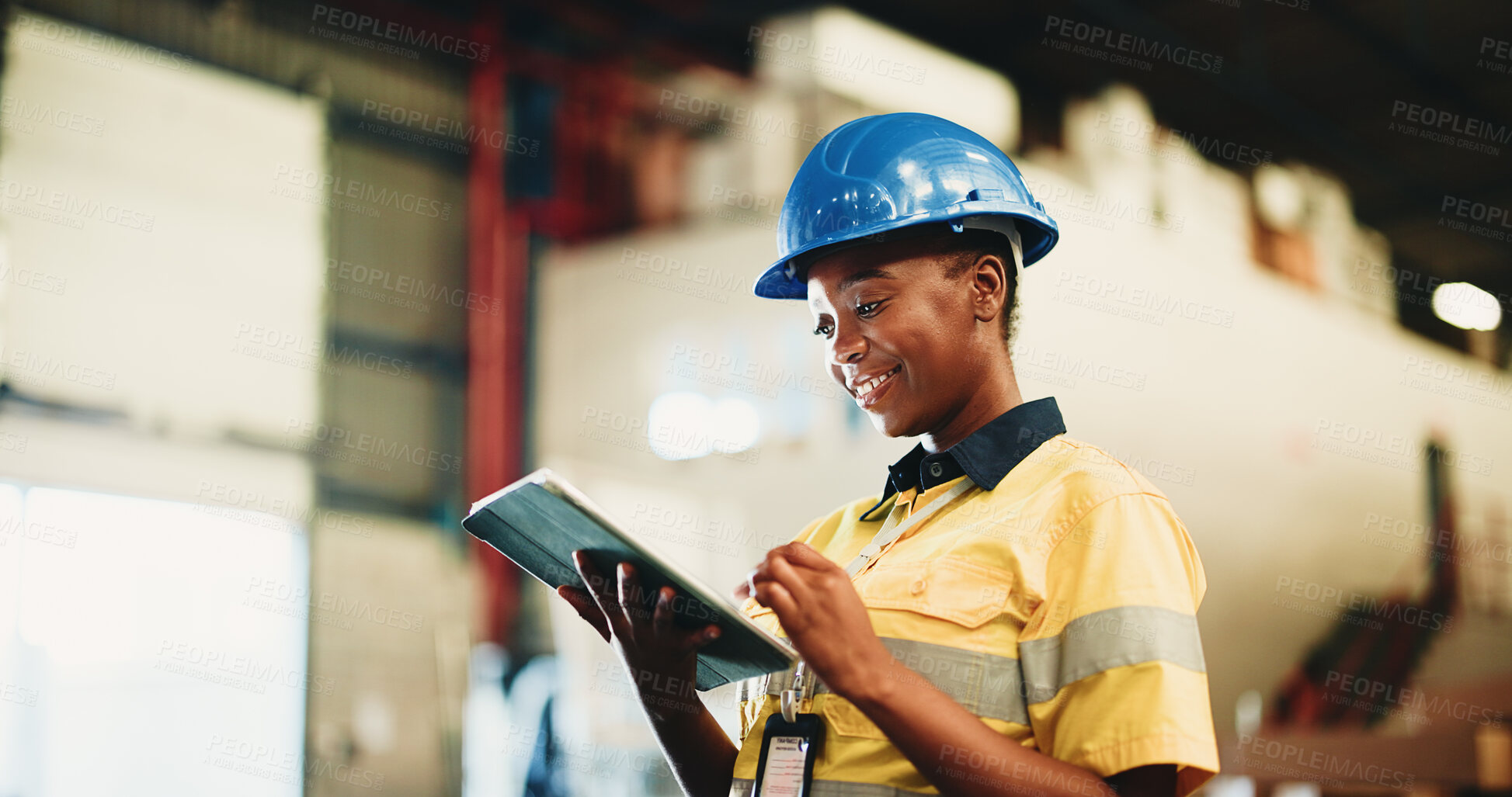 Buy stock photo Tablet, industry and black woman in warehouse with cargo information on email with supply chain. Digital technology, export and African logistics manager with online inventory for stock delivery.