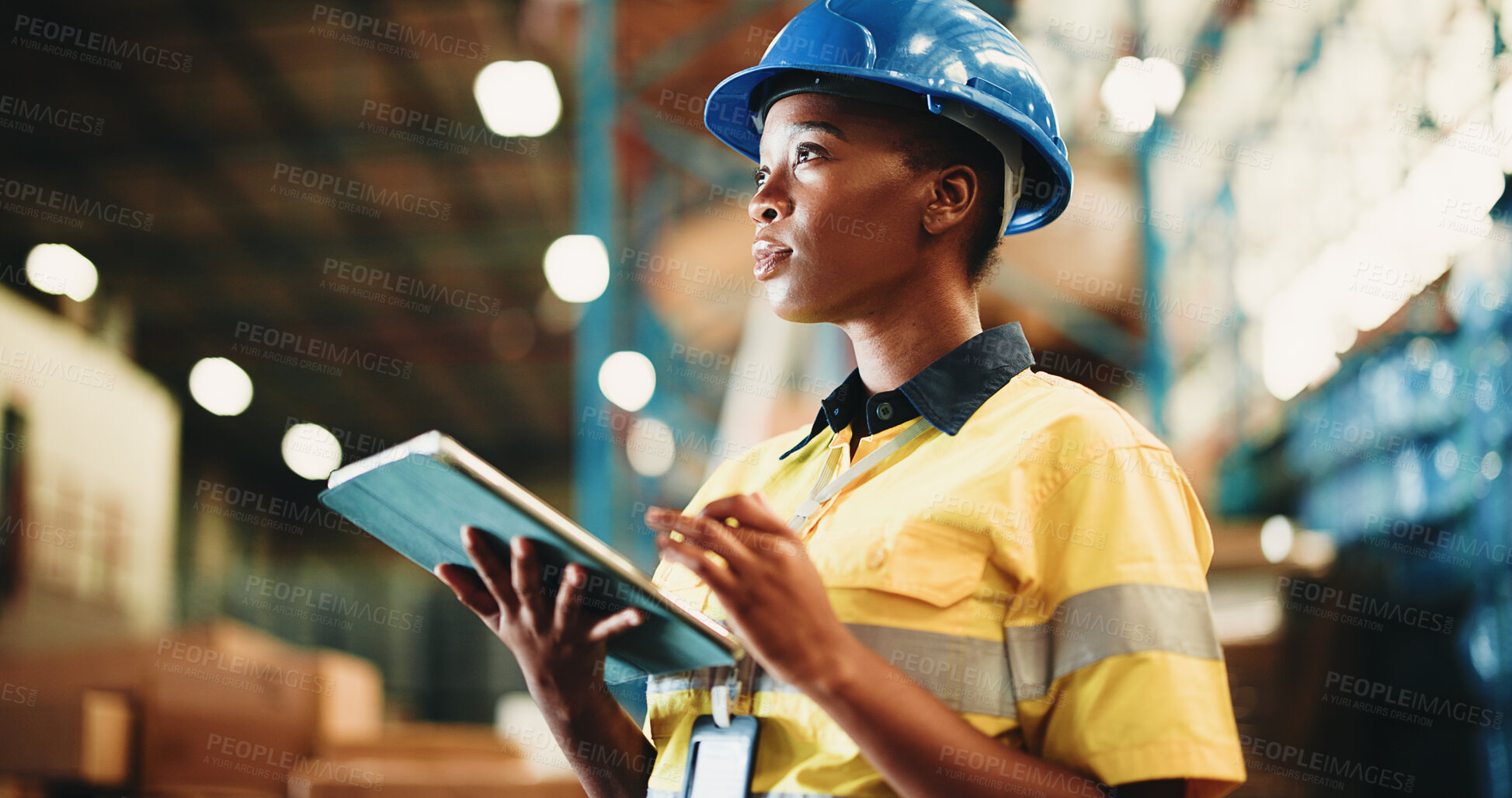 Buy stock photo Tablet, thinking and black woman in warehouse with email for cargo information with supply chain. Digital technology, export and African logistics manager with online inventory for stock delivery.