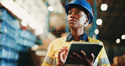Buy stock photo Black woman, tablet and warehouse inspection for logistics, checklist or scroll for inventory management. Person, tech and low angle with app, storage and bokeh for supply chain at distribution plant