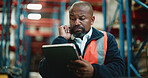 Logistics, tablet and planning with black man in warehouse for quality assurance, cargo and shipping. Inventory manager, online inspection checklist and distribution with mature person in factory