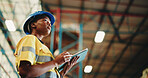 Black woman, tablet and warehouse inspection for distribution, checklist or scroll for inventory management. Person, tech and low angle with app, logistics and bokeh for supply chain at storage plant