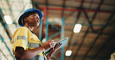 Buy stock photo Black woman, tablet and warehouse inspection for distribution, checklist or scroll for inventory management. Person, tech and low angle with app, logistics and space for supply chain at storage plant