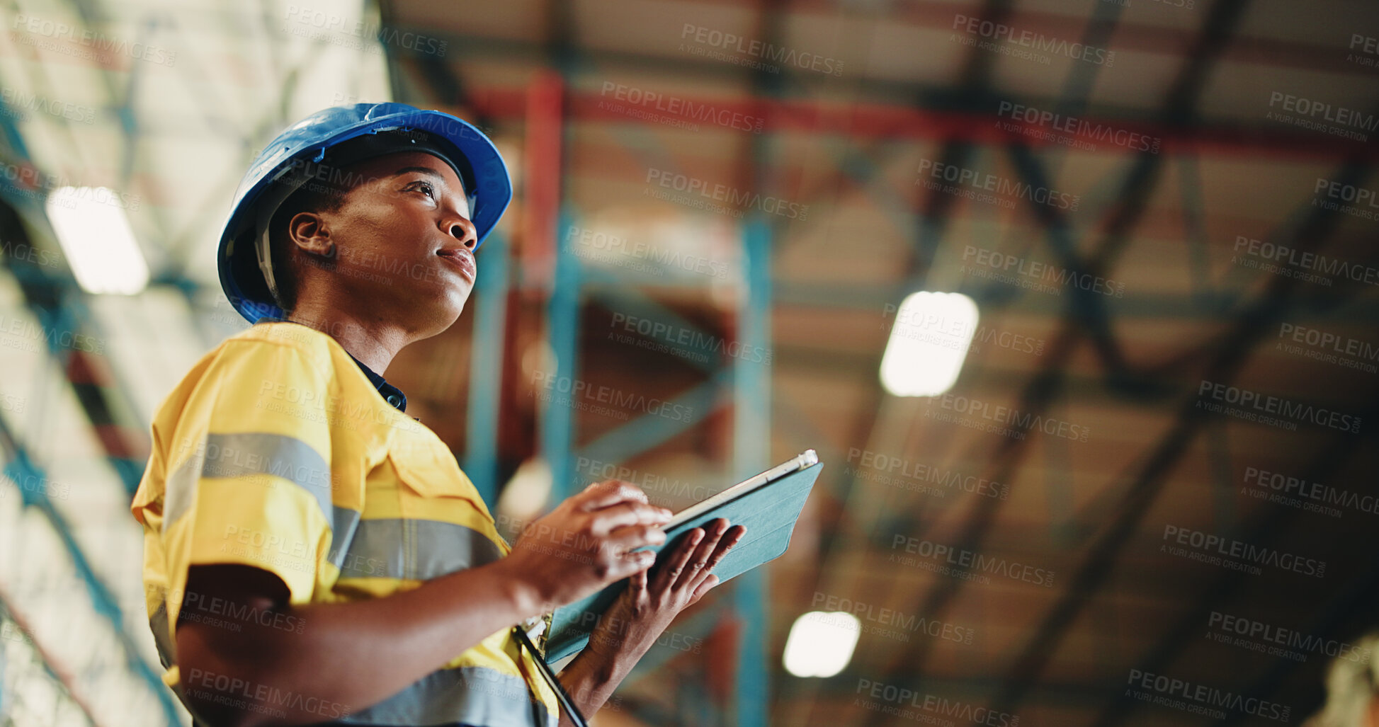 Buy stock photo Black woman, tablet and warehouse inspection for distribution, checklist or scroll for inventory management. Person, tech and low angle with app, logistics and space for supply chain at storage plant