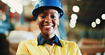 Happy, black woman or portrait with contractor in warehouse for shipping, logistics or storage. Female person, distributor or supplier with smile or helmet for cargo distribution or inventory service