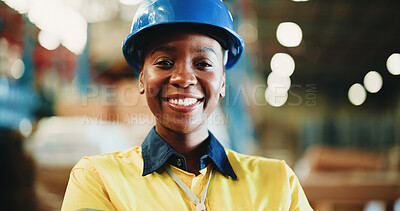 Buy stock photo Happy, black woman or portrait with contractor in warehouse for shipping, logistics or storage. Female person, distributor or supplier with smile or helmet for cargo distribution or inventory service