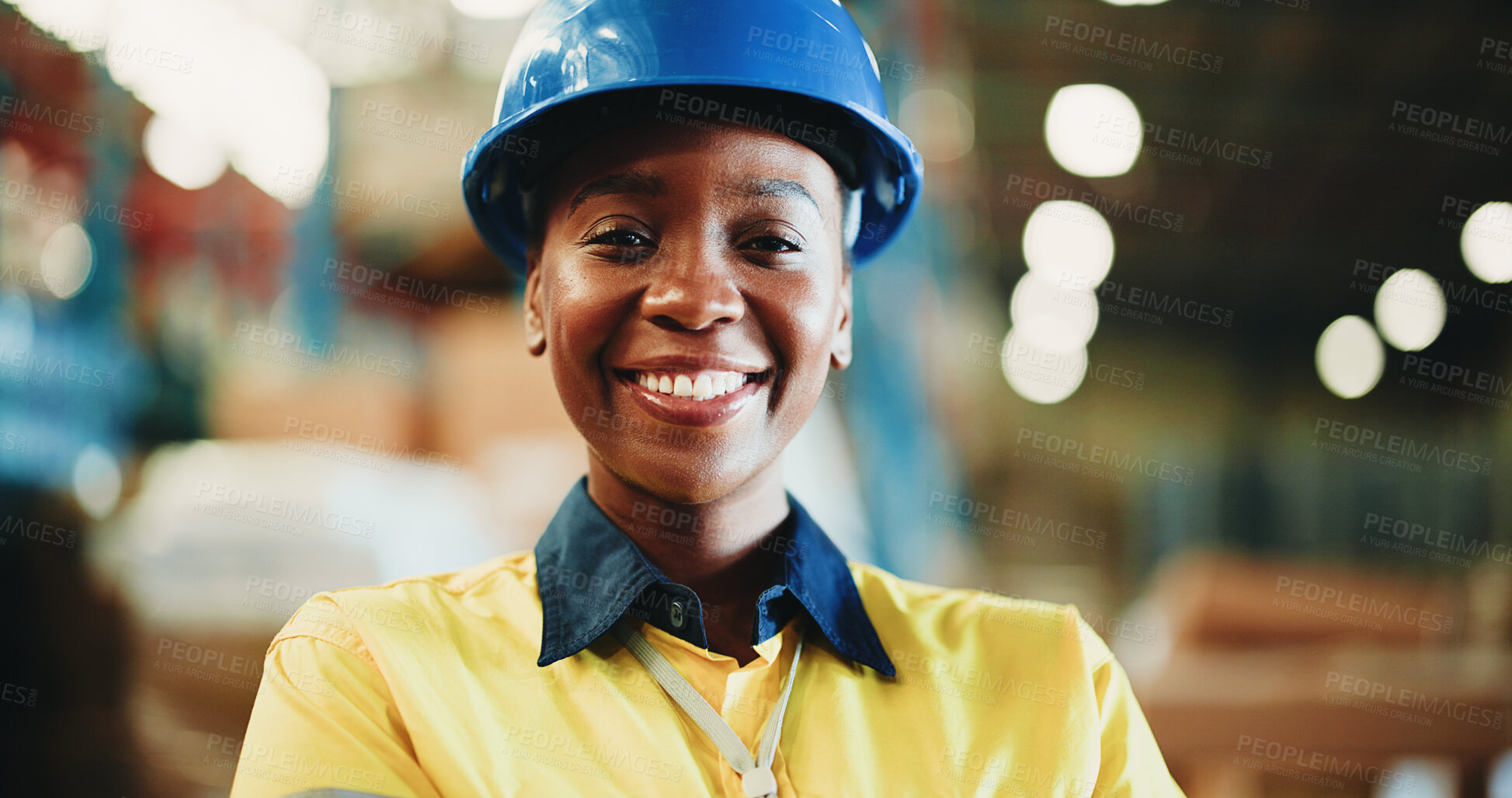 Buy stock photo Happy, black woman or portrait with contractor in warehouse for shipping, logistics or storage. Female person, distributor or supplier with smile or helmet for cargo distribution or inventory service