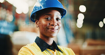 Buy stock photo Happy, logistics and portrait of black woman in warehouse with confidence for industrial career. Smile, bokeh and African female supply chain worker with pride for freight, cargo or delivery.