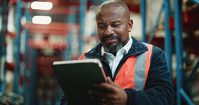 Buy stock photo Shipping, warehouse and man with tablet, online and inventory for supply chain, stock and logistics. Factory, mature operations manager and black person with tech for distribution and production