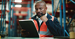 Logistics, warehouse and man with tablet, thinking or inventory for supply chain, stock and shipping. Factory, mature operations manager and black person with tech for distribution and production