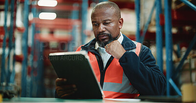 Buy stock photo Logistics, warehouse and man with tablet, thinking or inventory for supply chain, stock and shipping. Factory, mature operations manager and black person with tech for distribution and production