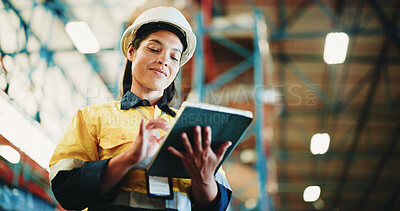 Buy stock photo Woman, tablet and warehouse inspection for storage, checklist or smile for inventory management. Person, tech and low angle with application, stock and bokeh for supply chain at distribution plant