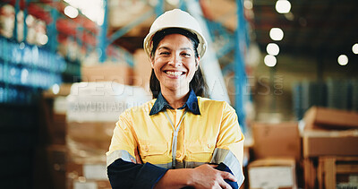 Buy stock photo Happy woman, portrait or distributor with confidence in warehouse for shipping logistics or storage. Female person, supplier or smile with arms crossed for freight, cargo distribution or inventory