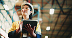 Woman, tablet and warehouse inspection with smile, checklist or notes for inventory management. Person, tech and low angle with application, stock and solution for supply chain at distribution plant