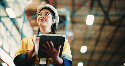 Buy stock photo Woman, tablet and warehouse inspection with smile, checklist or notes for inventory management. Person, tech and low angle with application, stock and thinking for supply chain at distribution plant