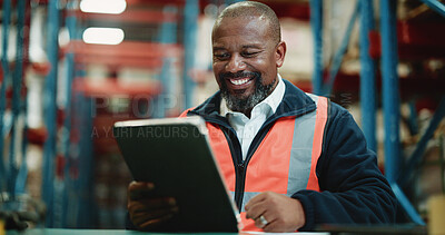 Buy stock photo Logistics, warehouse and man with tablet, happy and inventory for supply chain, online and shipping. Factory, mature operations manager and black person with tech for distribution and production