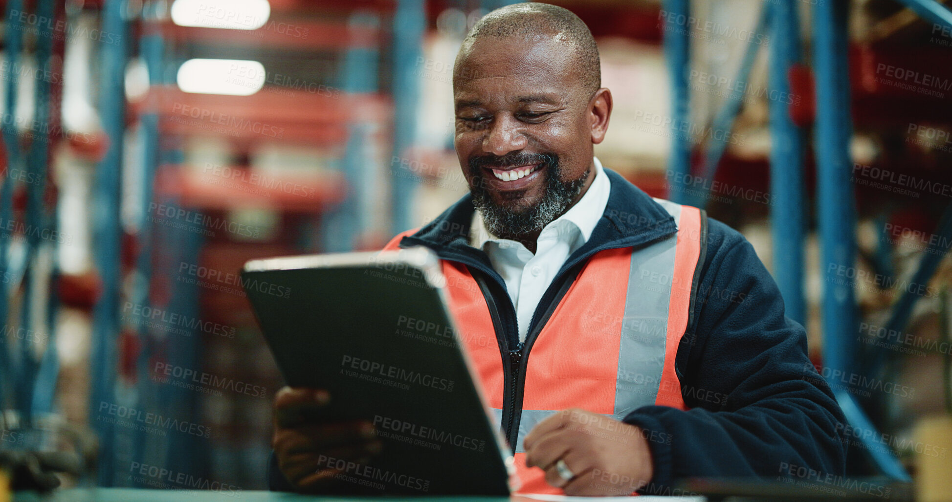 Buy stock photo Logistics, warehouse and man with tablet, happy and inventory for supply chain, online and shipping. Factory, mature operations manager and black person with tech for distribution and production