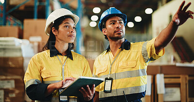 Buy stock photo People, warehouse and team pointing with tablet for inventory checklist or storage inspection. Man, woman or employees with technology for shipping logistics, cargo safety or quality check in depot