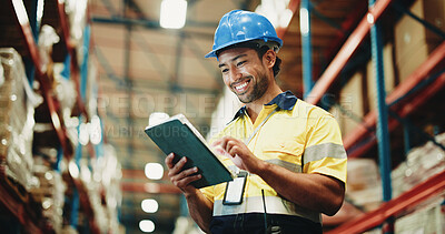 Buy stock photo Man, tablet and happy with inspection at warehouse, checklist or notes for inventory management. Person, tech and low angle with application, stock and solution for supply chain at distribution plant