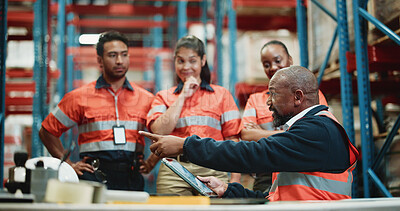 Buy stock photo Shipping, tablet and manager with people in warehouse for inspection checklist, cargo storage and freight. Supply chain inventory, distribution advisor and online report with employees in factory