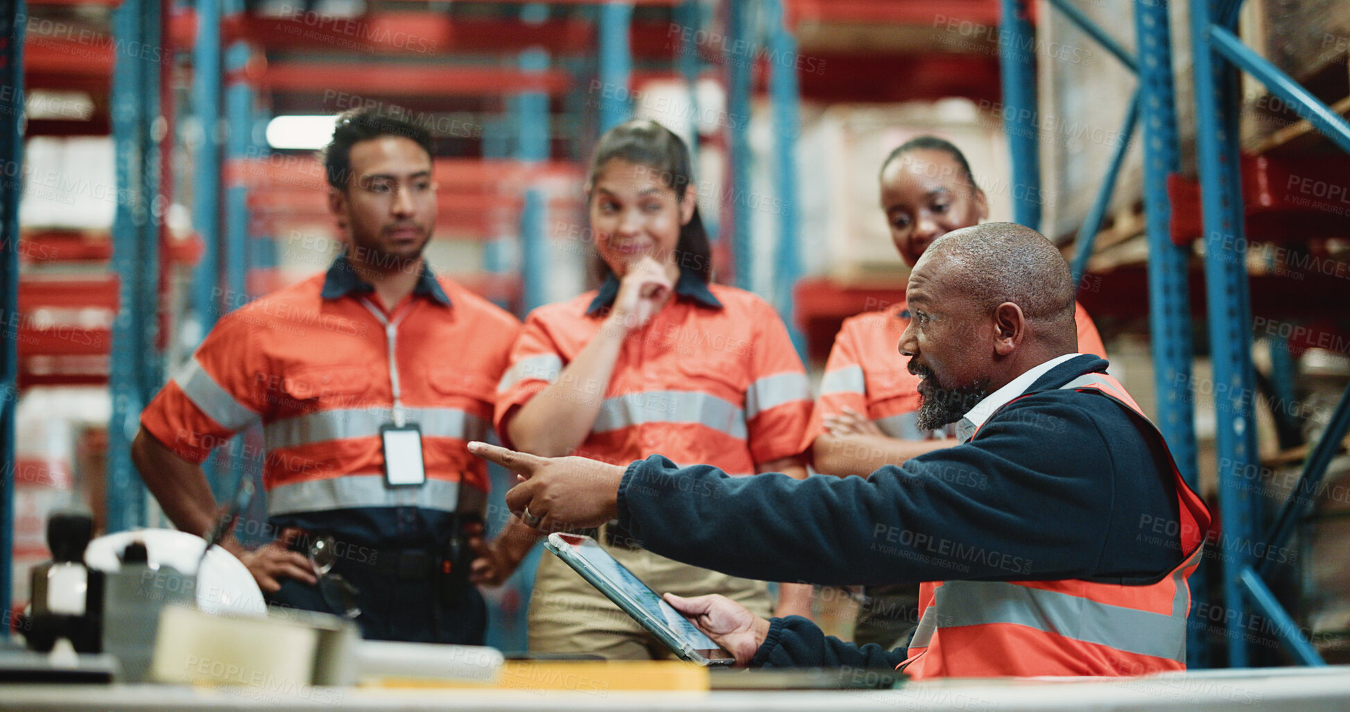 Buy stock photo Shipping, tablet and manager with people in warehouse for inspection checklist, cargo storage and freight. Supply chain inventory, distribution advisor and online report with employees in factory