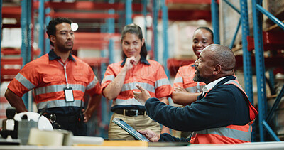 Buy stock photo Logistics, tablet and manager with people in warehouse for inspection checklist, cargo storage and freight. Supply chain inventory, distribution advisor and online report with employees in factory