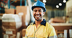 Happy man, portrait and contractor with helmet in warehouse for shipping, logistics or storage. Female person, distributor or supplier with smile for cargo distribution or inventory service in depot