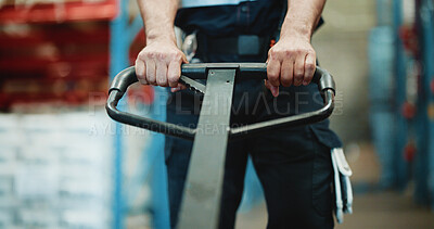 Buy stock photo Hands, trolley and logistics with storage at warehouse, person and inventory management career. Employee, technician and loader for stock, supply chain and shipping with job at distribution plant