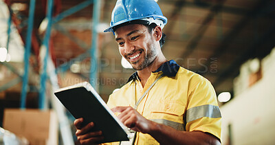 Buy stock photo Man, tablet and smile with inspection at warehouse, checklist or notes for inventory management. Person, tech and low angle with application, stock and solution for supply chain at distribution plant