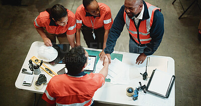 Buy stock photo Planning, handshake and meeting with people in warehouse for supply chain deal, welcome and freight report. Shipping partners, shaking hands and b2b export with above of employees for cargo data