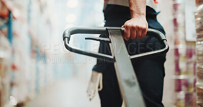 Buy stock photo Logistics, trolley or hands of worker in warehouse, shipment import or export package for distribution. Pallet jack, supply chain or person with cargo delivery for transport, back or storage depot