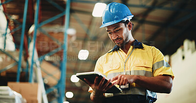 Buy stock photo Man, tablet and warehouse inspection for supply chain, checklist or scroll for inventory management. Person, tech and low angle with application, storage and bokeh for logistics at distribution plant