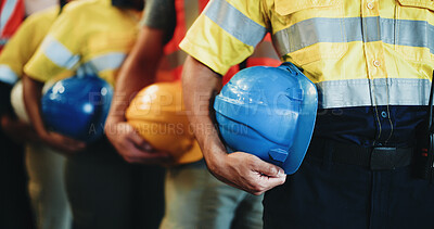 Buy stock photo People, line and hands with helmet in warehouse for freight safety regulations or shipping cargo. Group, supplier team or distributor in row with hard hat for maintenance or supply chain service