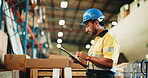 Man, tablet and warehouse inspection for storage, checklist or boxes with inventory management. Person, tech and low angle with application, logistics or bokeh with supply chain at distribution plant