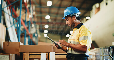 Buy stock photo Man, tablet and warehouse inspection for storage, checklist or boxes with inventory management. Person, tech and profile with application, logistics or bokeh with supply chain at distribution plant