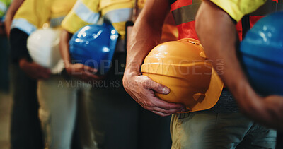Buy stock photo Group, line and hands with helmet in warehouse for freight safety regulations or shipping cargo. People, supplier team or distributor in row with hard hat for maintenance or supply chain service