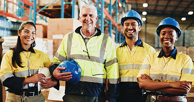 Buy stock photo Happy people, portrait and team with helmet in warehouse for shipping, supply chain or storage. Group, employees or colleagues with smile or hard hat for distribution or freight service in depot
