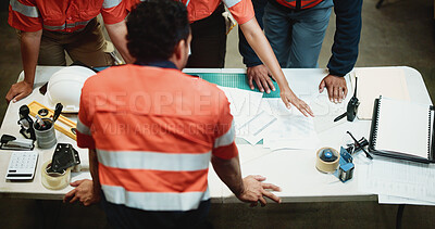 Buy stock photo Above, logistics or team in warehouse with paper, discussion or order backlog in supply chain. Distribution, people or workers with documents, inventory management or collaboration in stock control.