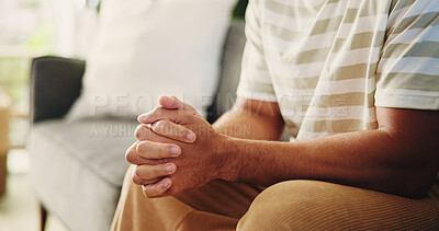 Buy stock photo Hands, trauma and man on sofa in home with stress, phobia or stimming for panic attack with mental health. Overthink, crisis and male person in living room with anxiety, fear or trigger in house.