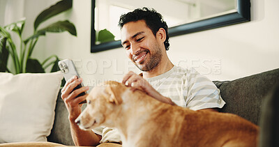 Buy stock photo Man, dog and phone on couch, texting and relax with stroke, care and check notification for chat at home. Person, smartphone and pet animal on sofa with low angle, mobile app or social media in house