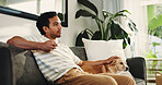 Home, man and dog on sofa, watching tv and entertainment with animal care, relax and remote. Apartment, pet owner and person on couch, weekend break and streaming channel with movie in living room